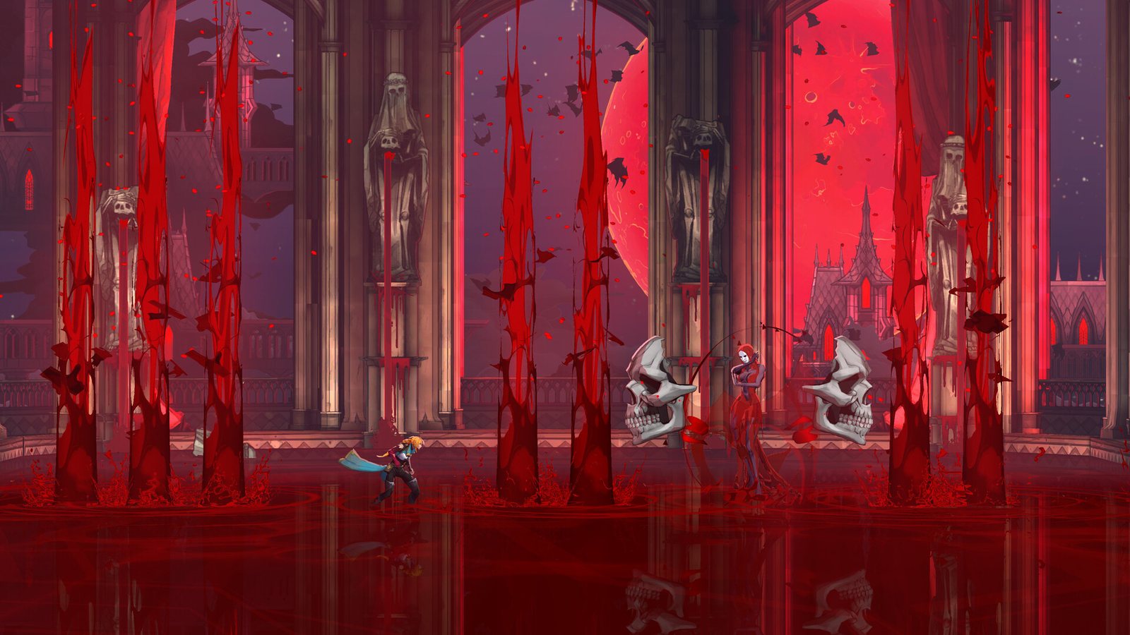 A flooded throne hall under a blood moon