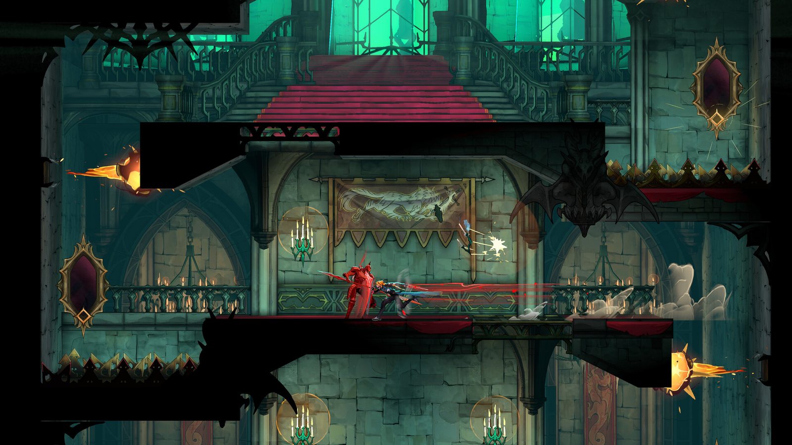 Two red, horned enemy figures attacking in a hall of flames and green stained glass