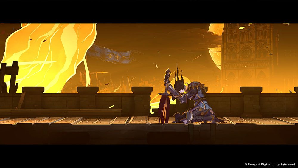 Joan of Arc kneeling on a burning rooftop with a greatsword