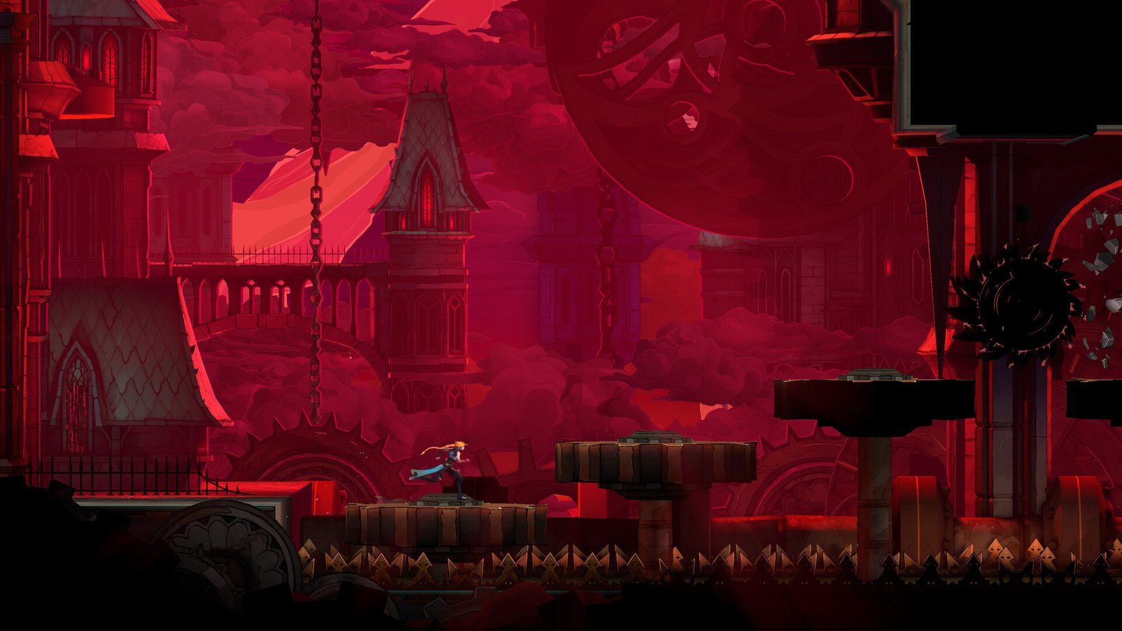 A red-lit castle district built around giant gears