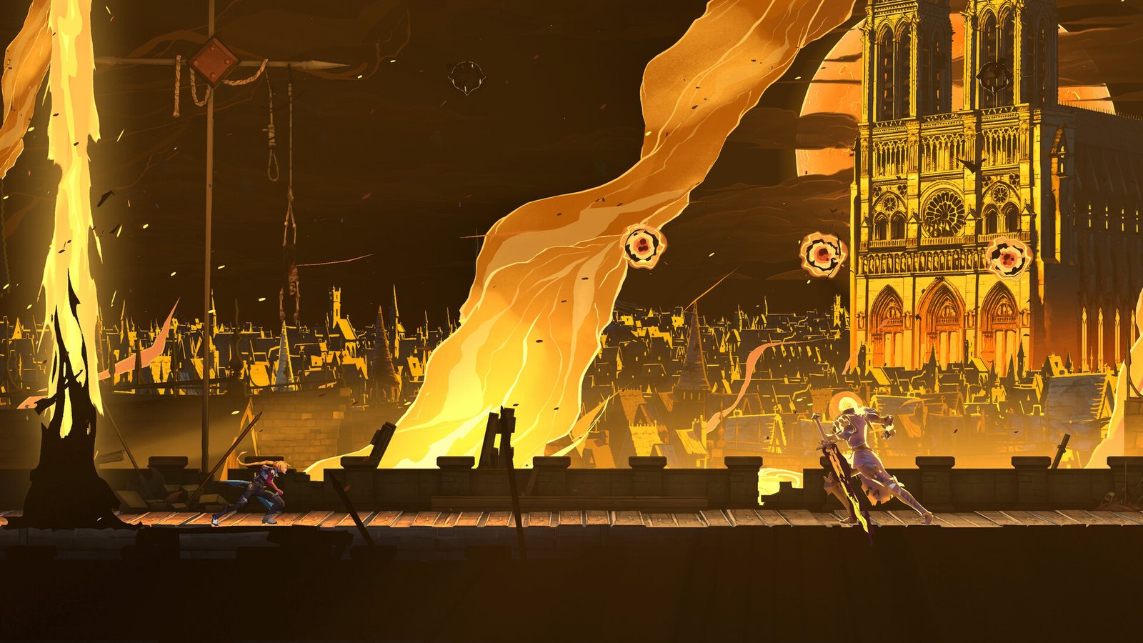 Fighting on burning rooftops with a cathedral in view