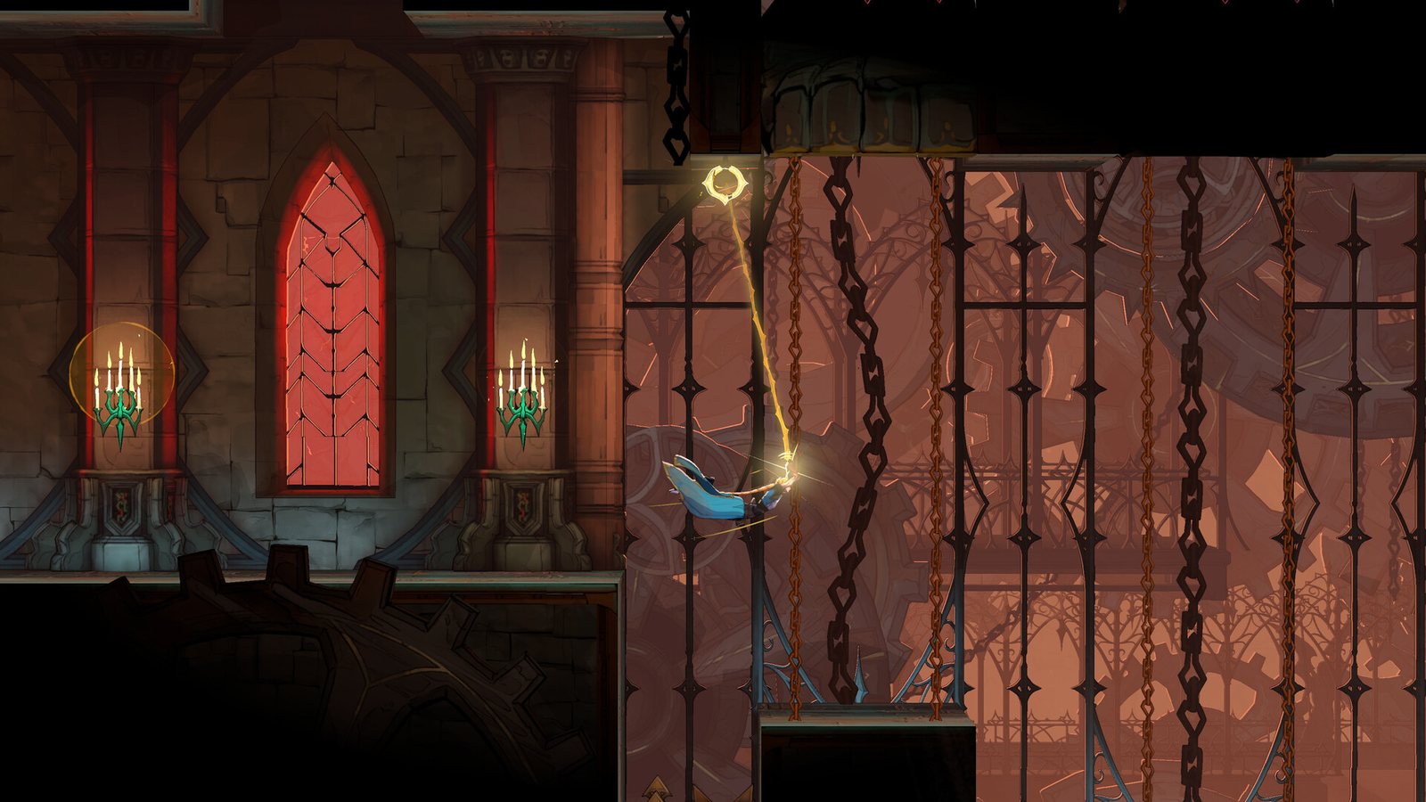 Rose mid-swing on an ornate gold ring in a candle-lit stone chamber hung with iron chains